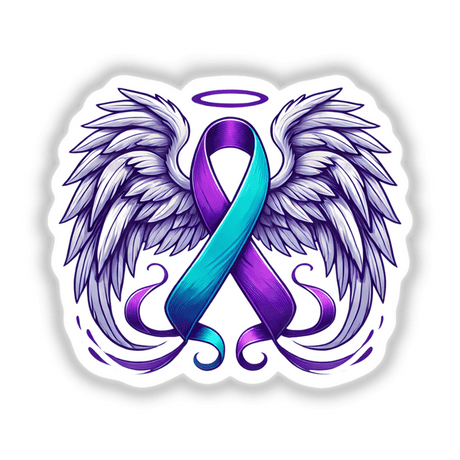 Suicide Awareness Ribbon with Wings featuring a halo, available as stickers or digital artwork, showcasing intricate graphic design and illustration elements.