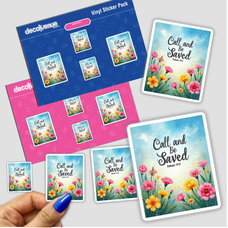 Sticker or clipart titled Fauvist Spring Freesia 'Call and Be Saved' Romans 10:13, featuring vibrant flowers and text, available with commercial rights from Decal Venue.