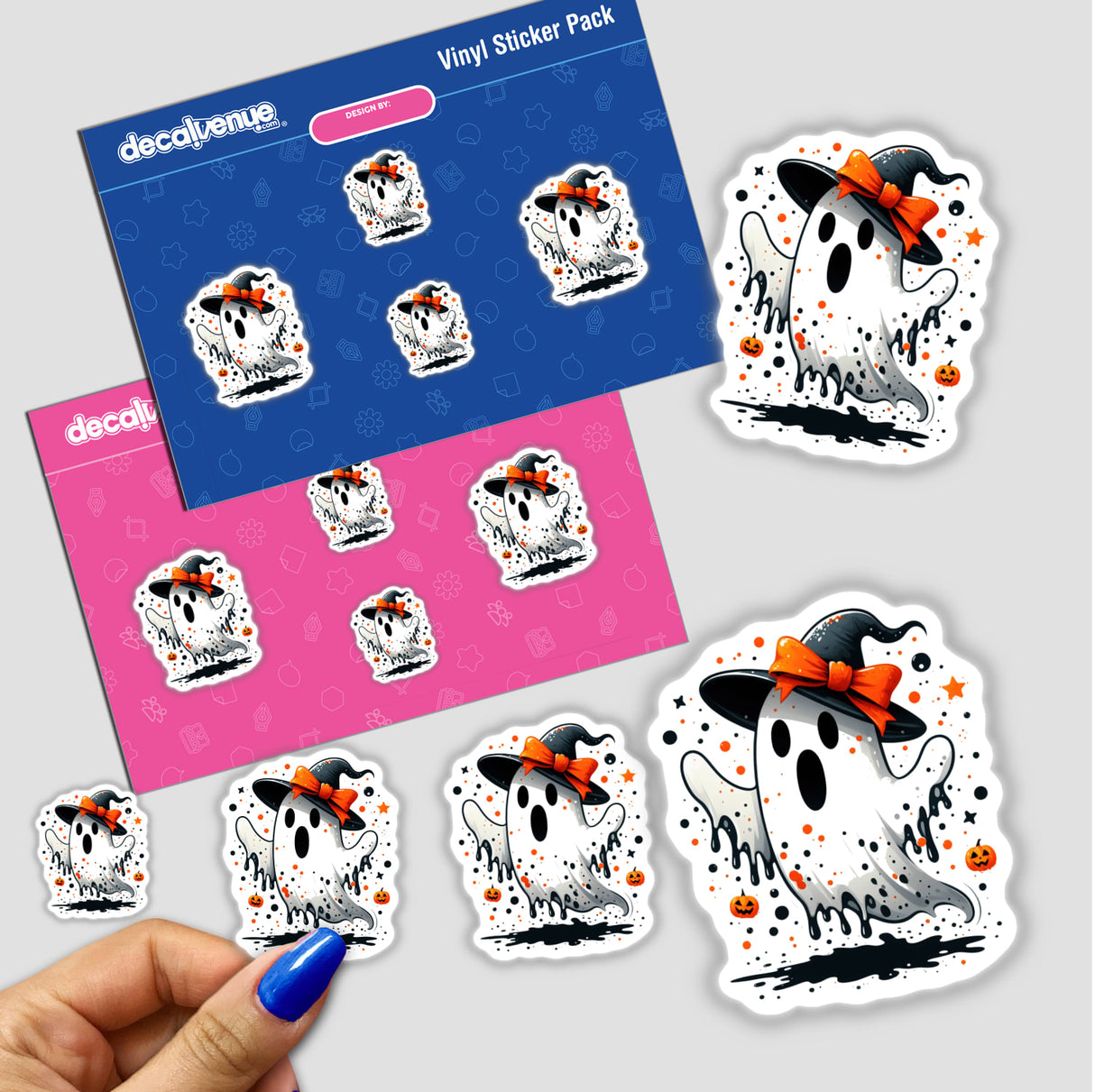 Halloween Boo Splatter Ghost sticker featuring a cartoon ghost with a hat and pumpkins, perfect for unique and festive decor. Available as stickers or digital artwork.
