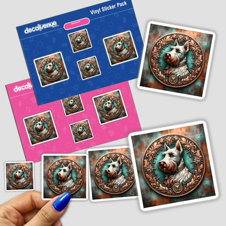 Detailed digital artwork of a Scottish Terrier dog adorned with a decorative medallion on a vibrant blue and pink background, showcasing the product's unique sticker designs.