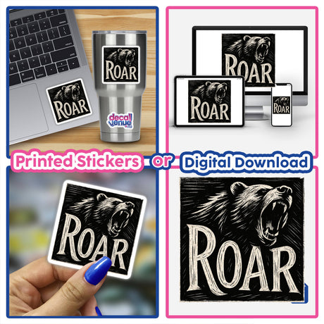 Roar Woodcut Typography Sticker or Clipart features a motivational bear design, embodying strength and courage, perfect for personal inspiration or commercial projects. Available as a sticker or digital artwork.