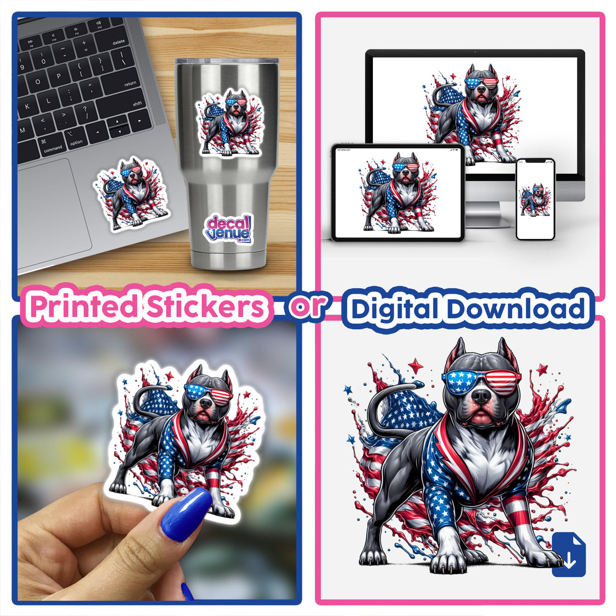 American Flag Splash Pitbull Dog design, available as stickers or digital artwork, showcasing a stylized pitbull with vibrant, dynamic elements, ideal for fans of unique vinyl art from Decal Venue.