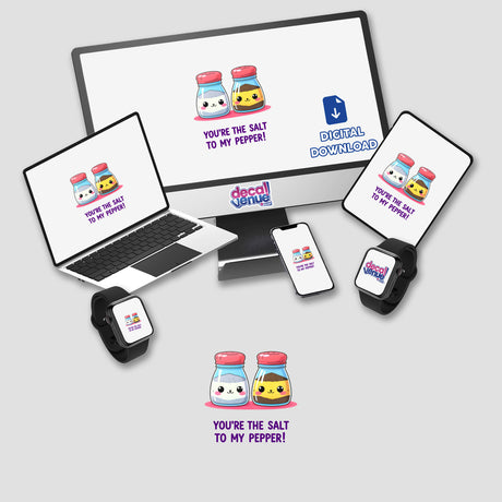 You're The Salt To My Pepper Funny Love Quote displayed on a computer monitor and laptop, featuring cartoon characters, available as stickers or digital artwork from Decal Venue.
