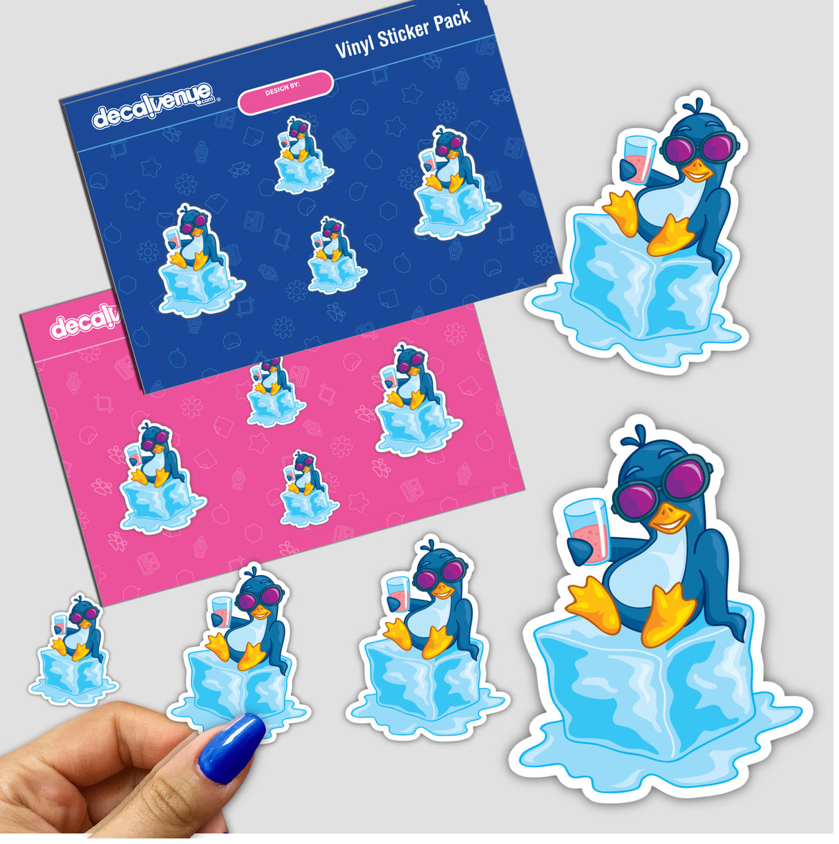 Sticker pack featuring cartoon penguin on ice designs, showing a penguin sitting atop an ice cube. Available as a pack or individual stickers from Decal Venue's unique collection.