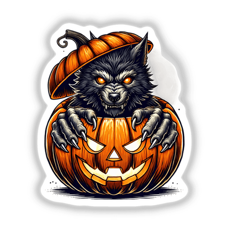 Menacing werewolf emerging from carved pumpkin, Halloween-themed digital artwork