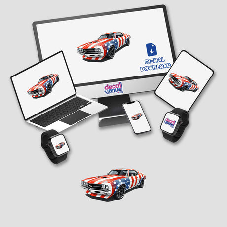 Cool American Flag Muscle Car digital artwork featuring a car with flag motifs displayed on a laptop screen. Available as stickers or digital artwork from Decal Venue.