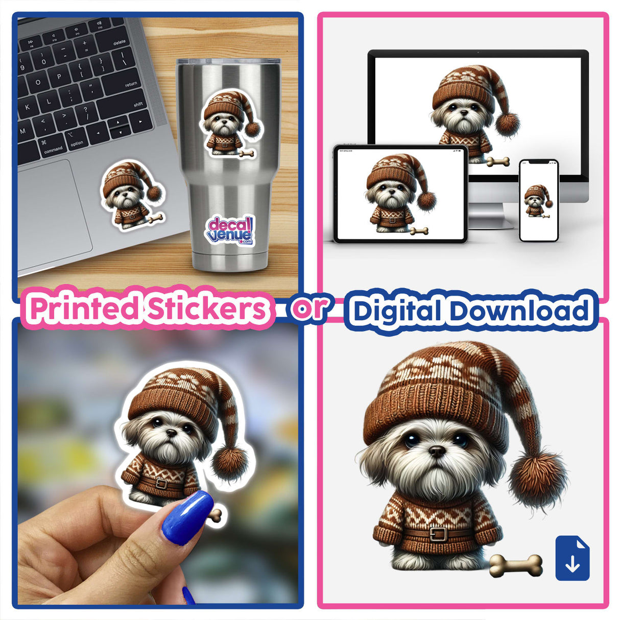 Shih Tzu Gnome with Dog Bone sticker collage featuring a cartoon dog in a hat and sweater, displayed on a laptop, cup, and close-up of fingers.
