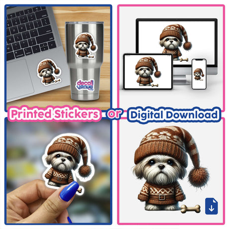 Shih Tzu Gnome with Dog Bone sticker collage featuring a cartoon dog in a hat and sweater, displayed on a laptop, cup, and close-up of fingers.
