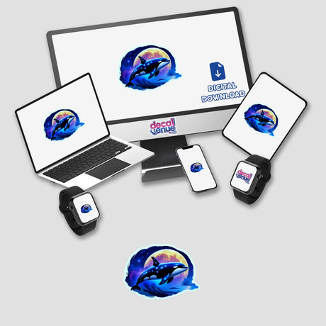 A Cute Magical Orca depicted on a computer monitor and laptop, available as stickers or digital artwork. The design features an orca amidst a whimsical setting, reflecting Decal Venue's unique aesthetic.