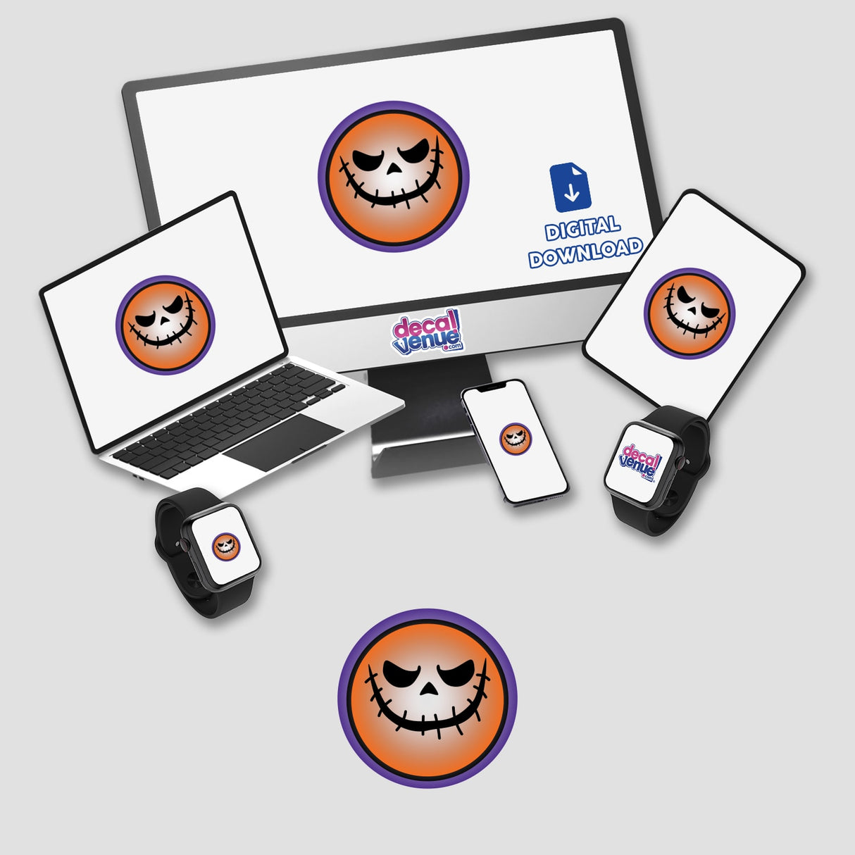 Halloween Face digital artwork displayed on a computer monitor, laptop, and smartphone. Available as stickers or digital art from Decal Venue.