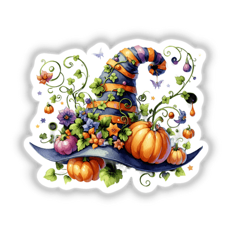 Halloween Hat with Pumpkins and Vines, featuring intertwined pumpkins, vines, and floral elements, available as stickers or digital artwork from Decal Venue's unique collection.