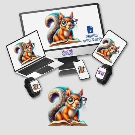 Squirrel With Reading Glasses Open Book illustration on computer monitor and laptop screens, available as stickers or digital artwork from Decal Venue.