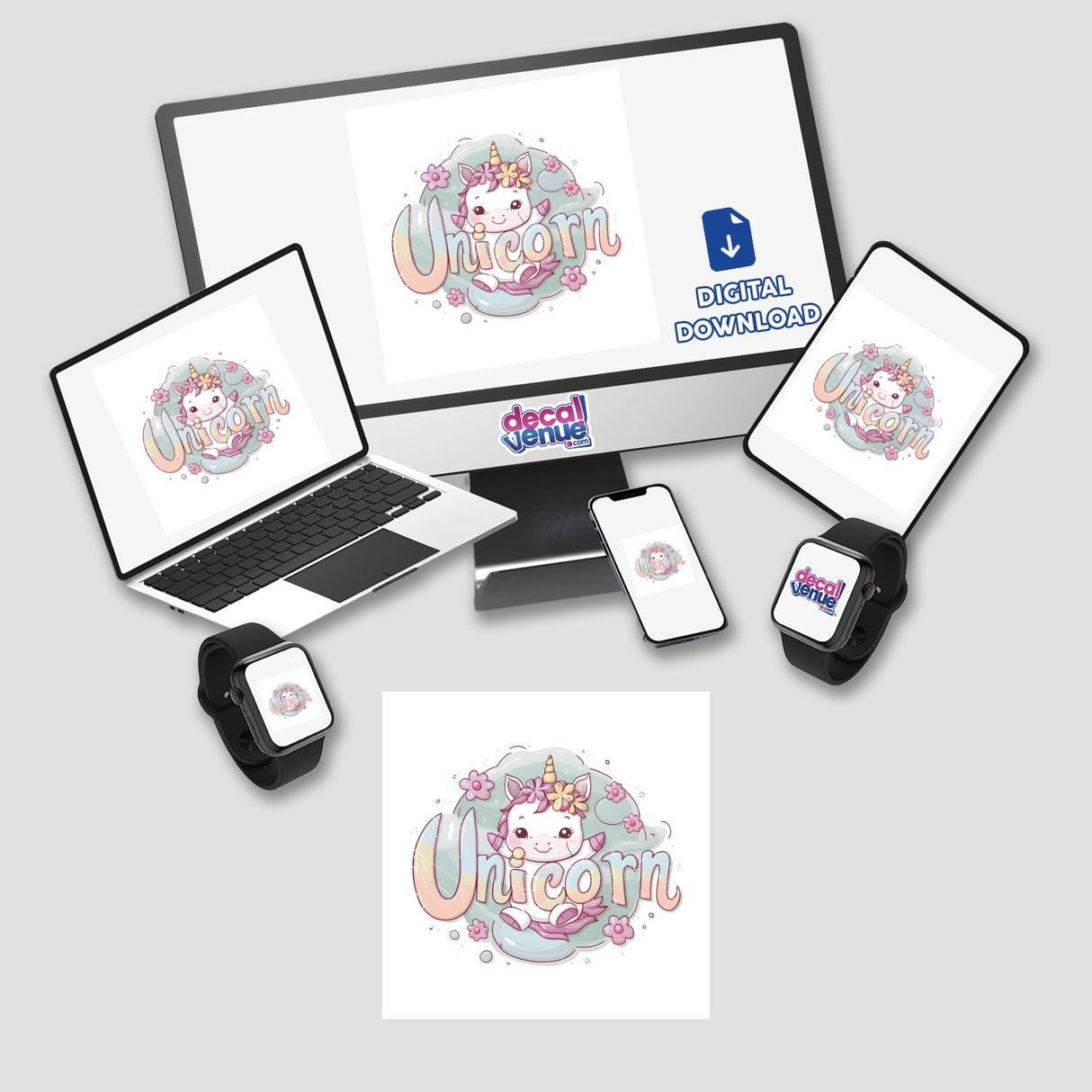 Cute digital unicorn artwork displayed on various digital devices from the Decal Venue store, including a laptop, tablet, smartphone, and smartwatch.