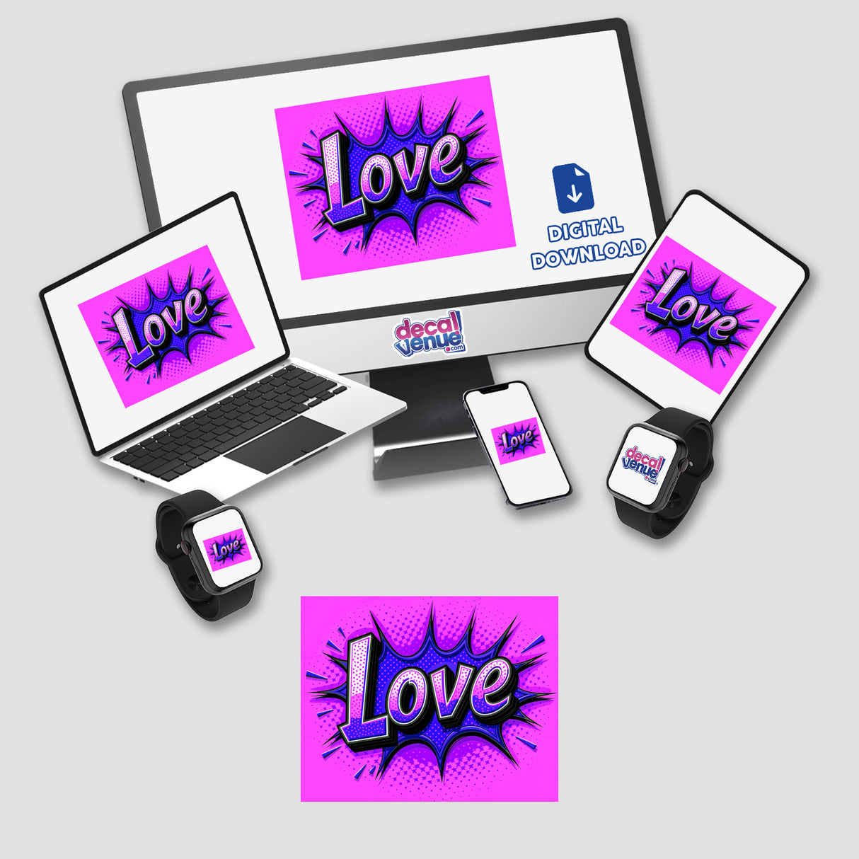 Love Valentine's Day-themed digital artwork featuring a computer monitor, laptop, and phone, perfect as stickers or digital downloads, showcasing romantic motifs for tech enthusiasts.