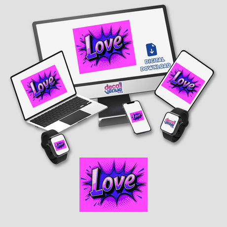 Love Valentine's Day-themed digital artwork featuring a computer monitor, laptop, and phone, perfect as stickers or digital downloads, showcasing romantic motifs for tech enthusiasts.
