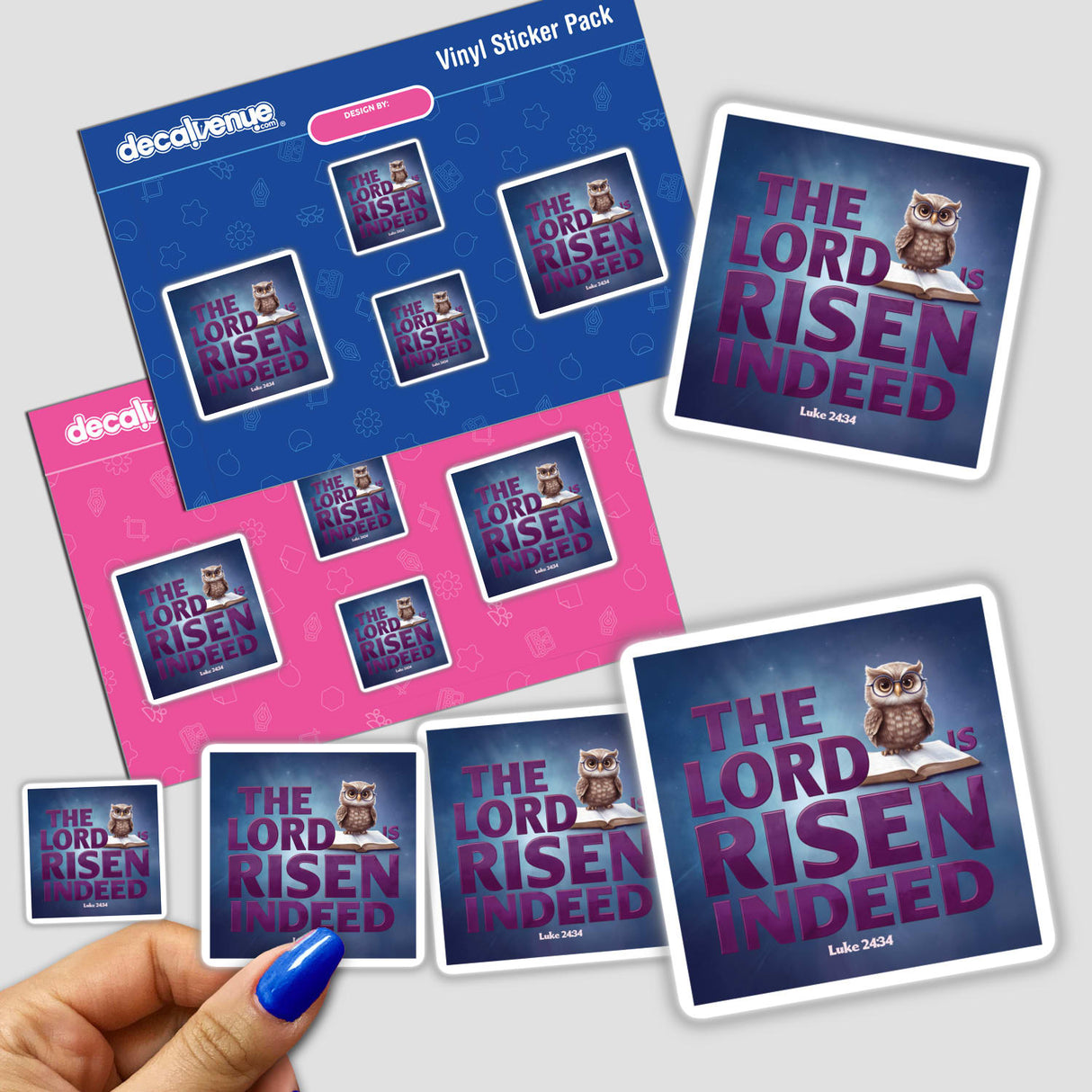 The Lord Is Risen Indeed Owl Christian Sticker featuring an owl atop a book, held by a hand, designed for Resurrection Sunday, available as a sticker or digital artwork for commercial use.