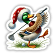 Mallard Duck Santa Swinging Golf Club: Illustration of a duck in a Santa hat holding a golf club, available as stickers or digital artwork.