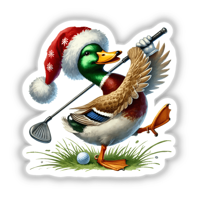 Mallard Duck Santa Swinging Golf Club: Illustration of a duck in a Santa hat holding a golf club, available as stickers or digital artwork.