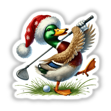 Mallard Duck Santa Swinging Golf Club: Illustration of a duck in a Santa hat holding a golf club, available as stickers or digital artwork.