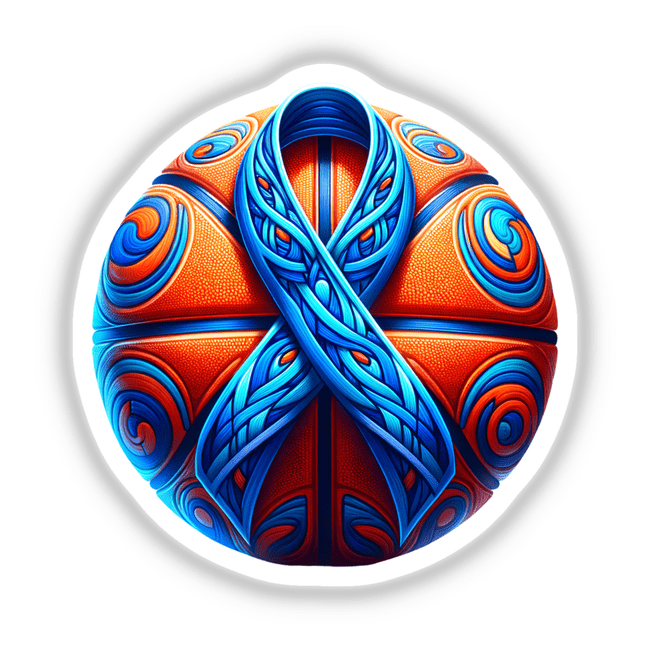 Basketball Blue Ribbon Colon Cancer Awareness sticker, featuring a blue and orange basketball adorned with a blue ribbon. Available as a unique vinyl sticker or digital artwork at Decal Venue.