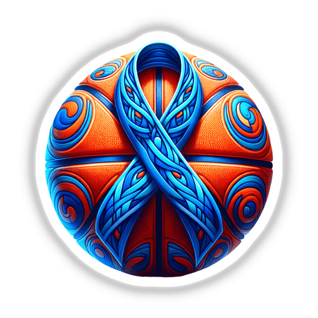 Basketball Blue Ribbon Colon Cancer Awareness sticker, featuring a blue and orange basketball adorned with a blue ribbon. Available as a unique vinyl sticker or digital artwork at Decal Venue.