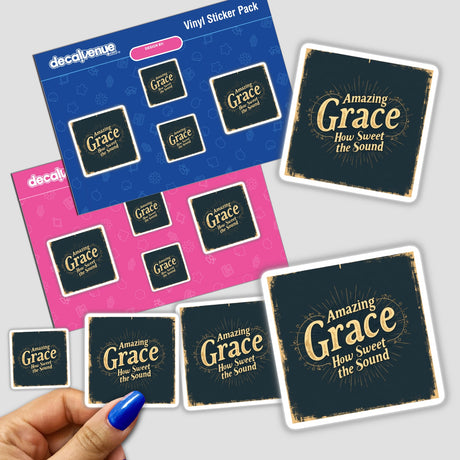 Hand holding Amazing Grace Vintage Typography Design Sticker, showcasing intricate fonts. Available as stickers or digital artwork with commercial rights, reflecting Decal Venue's unique design offerings.