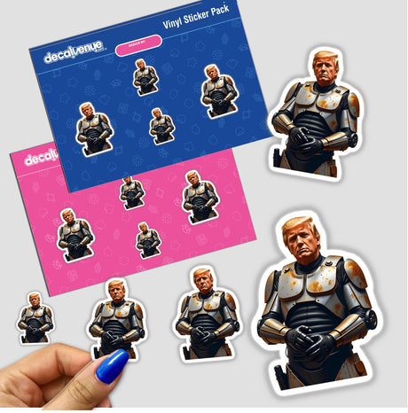 Futuristic President Donald Trump sticker pack held by a person, showcasing unique cartoon-style designs, available as both physical stickers and digital artwork.