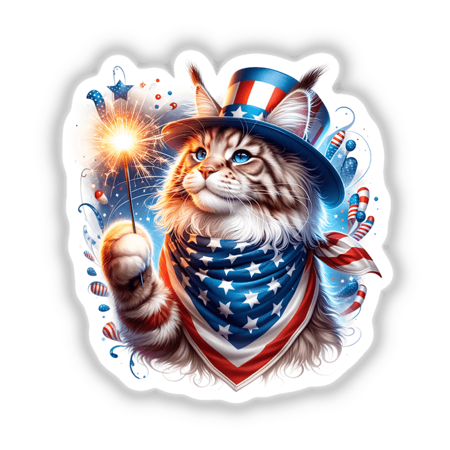 Maine Coon Cat Holding Sparkler 4th of July Patriotic