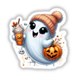 Cute Orange Beanie Pumpkin Spice Ghost holding a pumpkin and drink, perfect as stickers or digital artwork from Decal Venue.