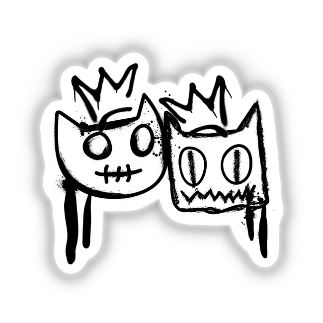 Royalcats Splat: A detailed black and white drawing of two cats, available as unique stickers or digital artwork.