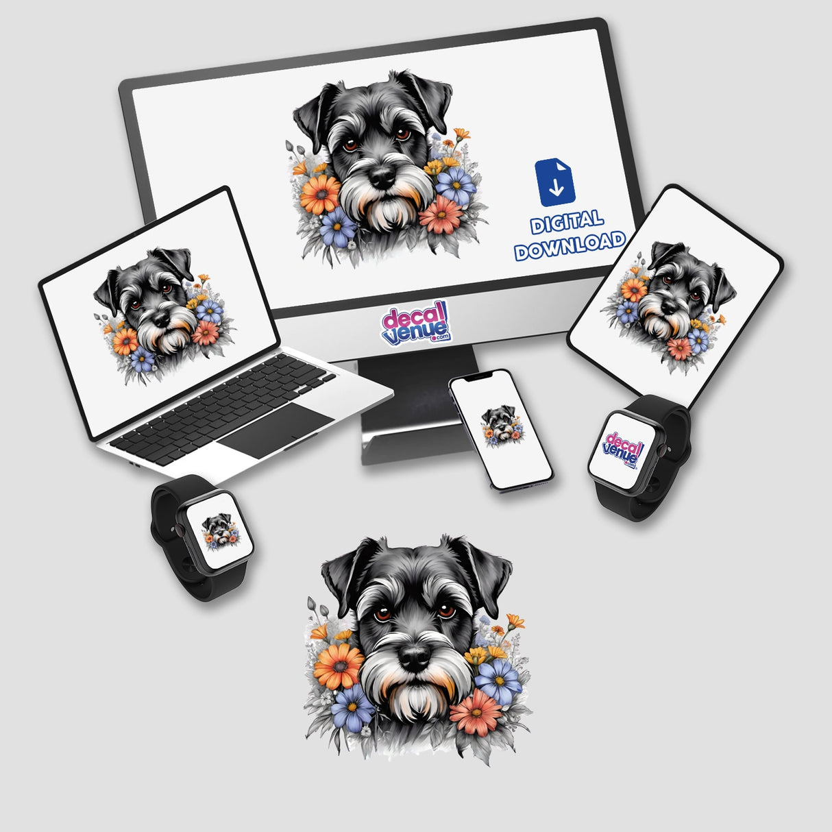 Detailed digital artwork of a Schnauzer dog surrounded by vibrant floral elements, showcasing the versatility of this creative design across various electronic devices from the Decal Venue online store.