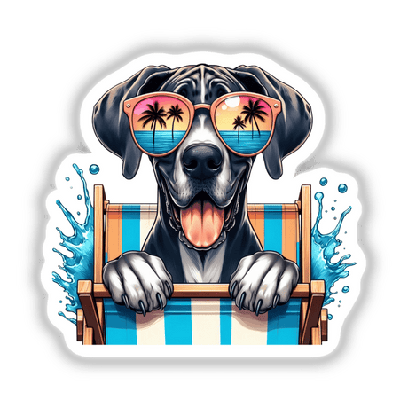 Happy Great Dane Peeking from Beach Chair: Illustration of a dog wearing sunglasses, sitting on a beach chair with palm trees reflected in the lenses. Available as stickers or digital artwork.