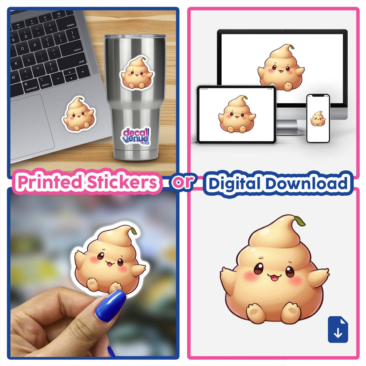 Kawaii Peach Mochi Sticker featuring an adorable food character, shown on a laptop and cup, emphasizing its playful cartoon design. Available as unique stickers or digital artwork.