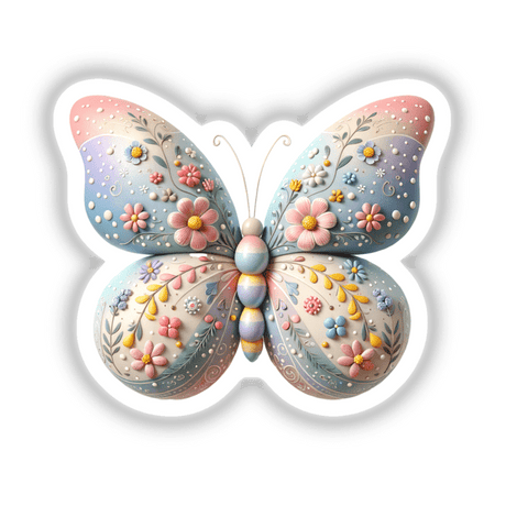 Beautiful Pastel Easter Butterfly with Floral Design, showcasing a butterfly surrounded by flowers and decorative eggs, available as stickers or digital artwork from Decal Venue. Perfect for adding a unique, artistic touch.