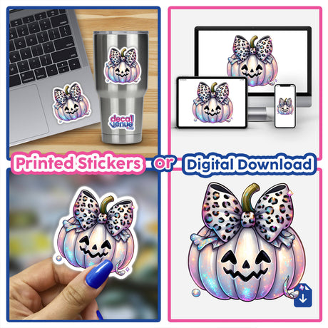 Whimsical leopard print pumpkins with bow accents, featured as digital artwork or printed stickers on various products, showcasing the creative designs from Ella Designz studio at the Decal Venue store.