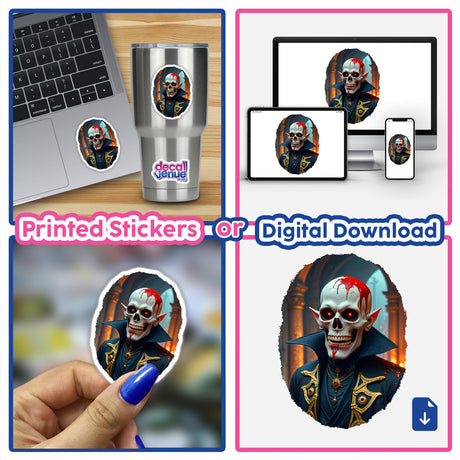 Demon Of The Underworld sticker collage featuring skeleton motifs and digital artwork, highlighting a close-up of a skull, perfect for laptops or as unique vinyl decor from Decal Venue.