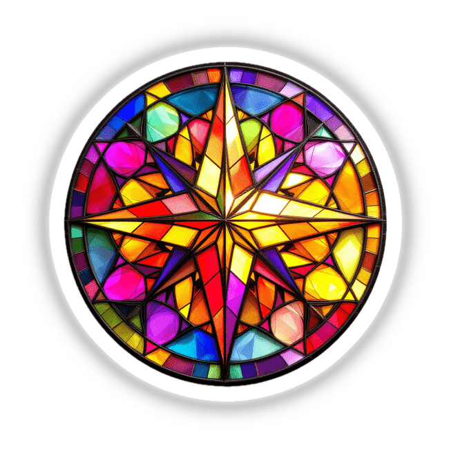 Compass Stained Glass Style sticker or digital artwork, showcasing a symmetrical star within a circle, reminiscent of colorful stained glass, highlighting artistic design and vibrant detail.