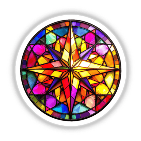 Compass Stained Glass Style sticker or digital artwork, showcasing a symmetrical star within a circle, reminiscent of colorful stained glass, highlighting artistic design and vibrant detail.