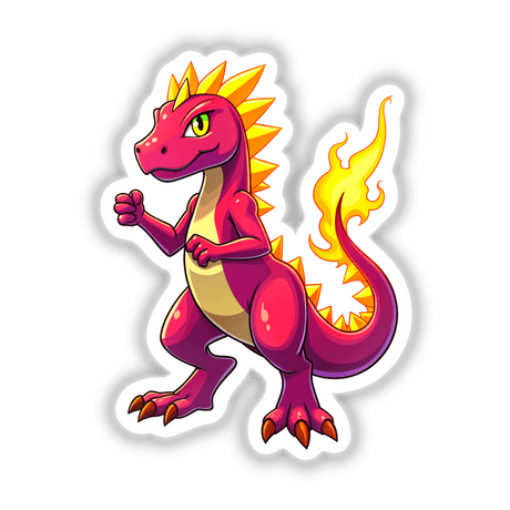 Dino Fighter - Blaze Tyranno: A cartoon pink dragon illustration available as stickers or digital artwork, embodying animation and playful design from Decal Venue's unique vinyl sticker and digital art collection.