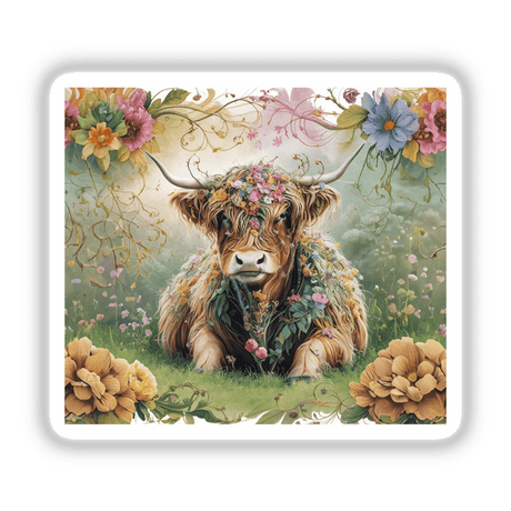 Floral Serenity: Majestic Highland Cow in a Lush Meadow