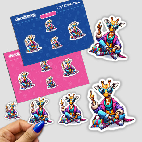 Fashionable Giraffe sticker pack featuring cartoon giraffes in various poses, including one with sunglasses and a coat, held by a hand. Available as stickers or digital artwork.