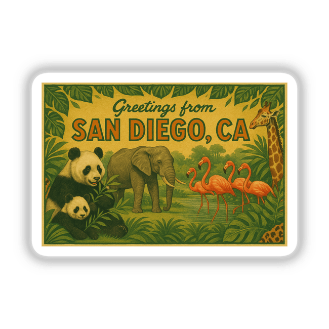 Greetings from San Diego Postcard Sticker or Clipart showcases vintage zoo art, available as stickers or digital artwork, capturing a classic aesthetic with commercial rights.