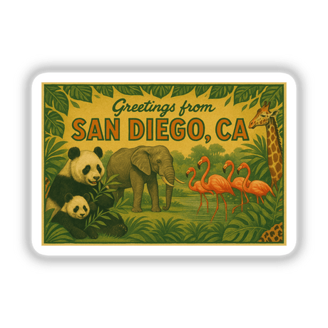 Greetings from San Diego Postcard Sticker or Clipart showcases vintage zoo art, available as stickers or digital artwork, capturing a classic aesthetic with commercial rights.