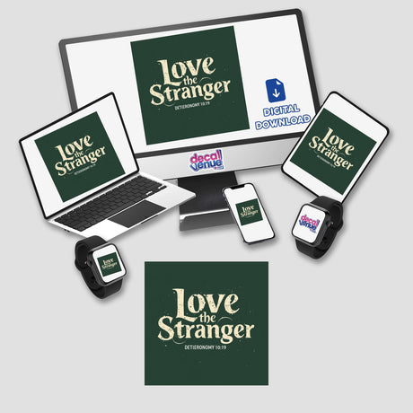 Love the Stranger - Deuteronomy 10:19 sticker or clipart, featuring a computer monitor, laptop, and phone displaying a logo with commercial rights, available at Decal Venue.
