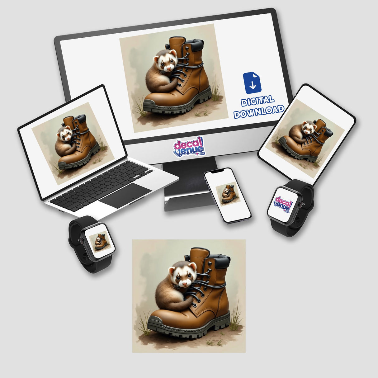 Ferret on Worn Hiking Boot sticker or digital artwork featuring a cartoon ferret hugging a rugged boot, displayed on a laptop and computer monitor.