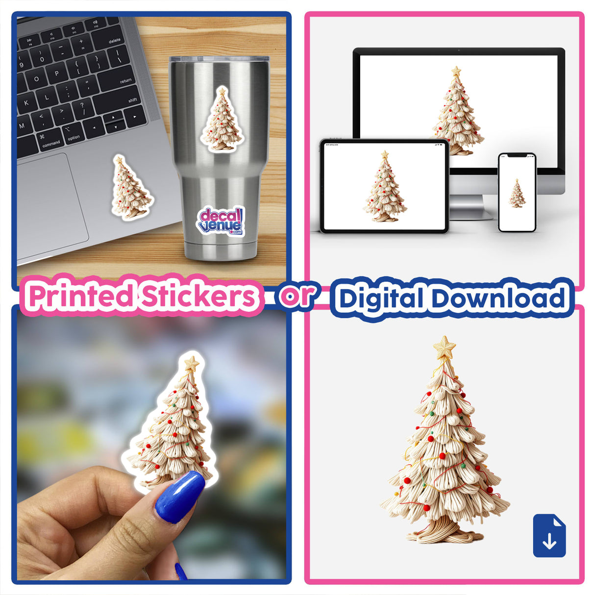 Yarn Christmas Tree stickers or digital artwork featuring a white tree crafted from rope, adorned with red and green decorations, reflecting Decal Venue's signature unique designs in festive style.