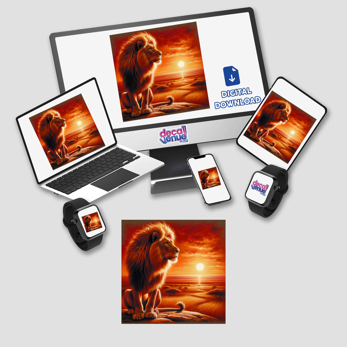 Lion on a Rocky Outcrop at Sunrise displayed on a laptop, tablet, and phone, highlighting its availability as unique stickers or digital artwork from Decal Venue.