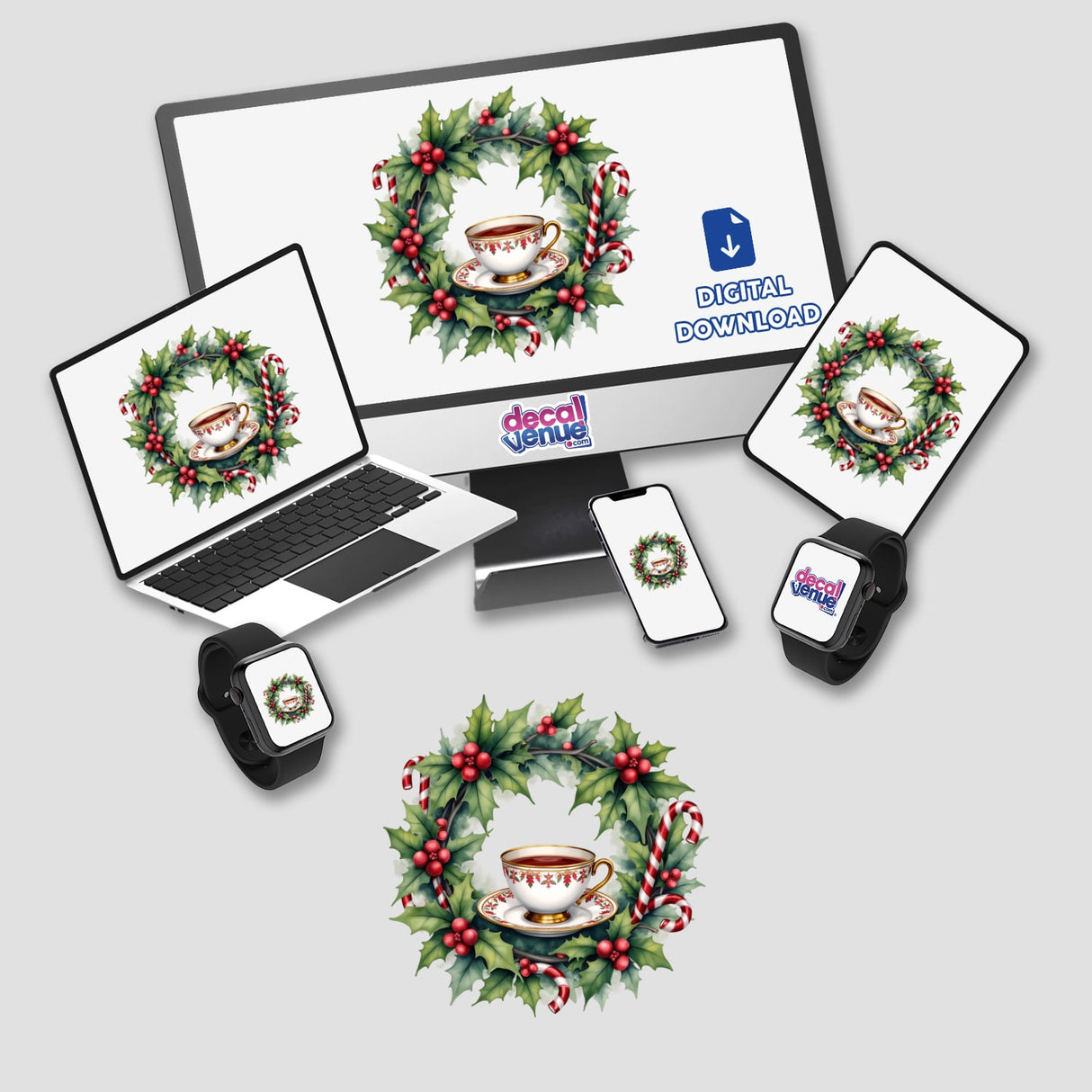 Teacup and Saucer in a Christmas Wreath displayed on a computer monitor and laptop, available as stickers or digital artwork. Features holly leaves and candy canes surrounding the teacup.