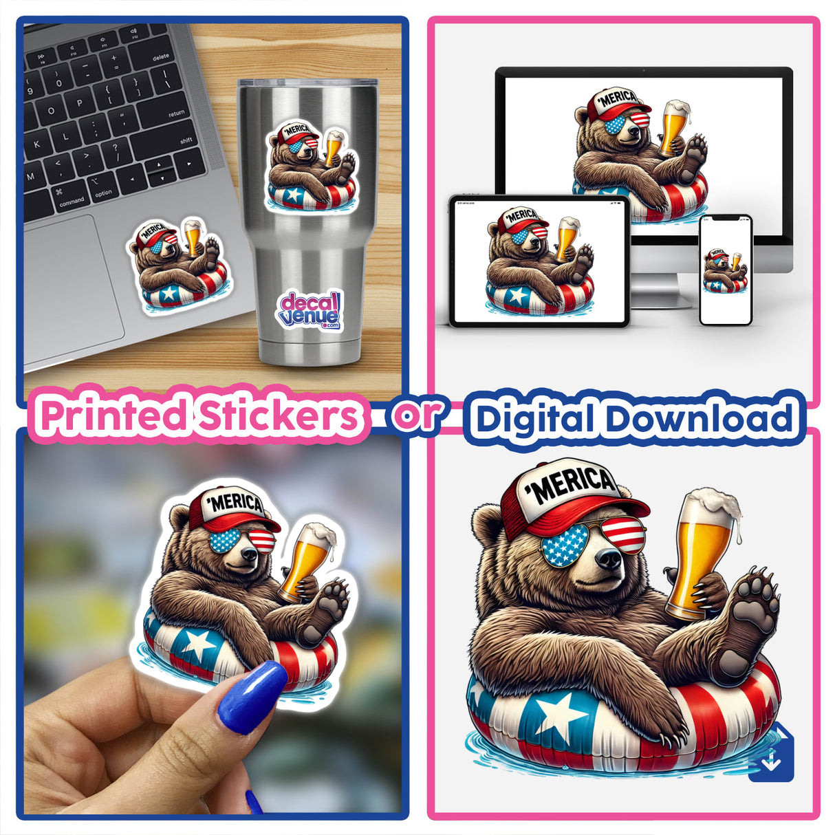 Collage of Grizzly Bear American Flag Float Merica stickers featuring a bear with sunglasses and hat, holding a beer, shown on various items like a laptop and cup.
