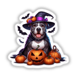Halloween Pitbull Dog Dracula Cape and Witch Hat: A dog wearing a witch hat with pumpkins and a Dracula cape, available as stickers or digital artwork.